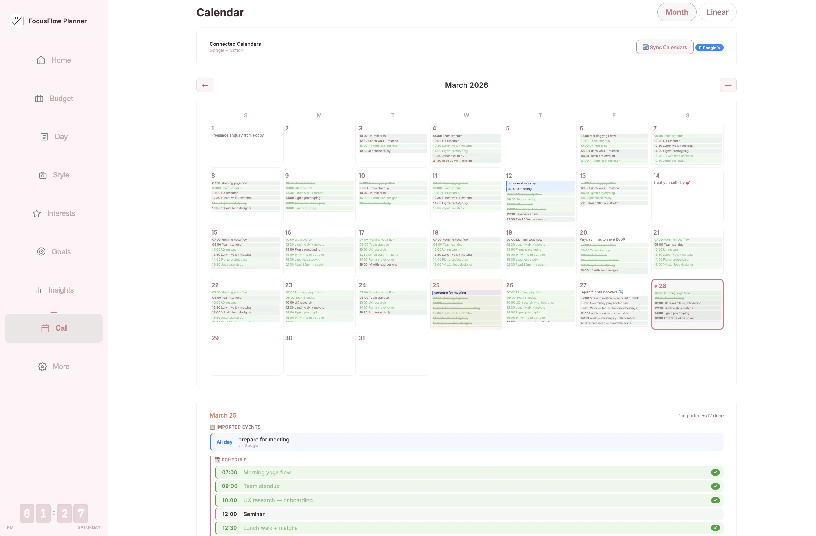 FocusFlow Calendar with Google sync